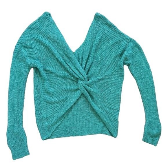 Moon & Madison Green Off The Shoulder Twist Front Sweater - Picture 5 of 10